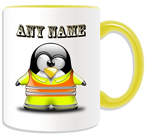 Personalised Gift - Worker in Hi Vis Jacket Mug (Penguin in Costume Design Theme, Colour Options) - Any Name/Message on Your Unique - Yellow High Visibility