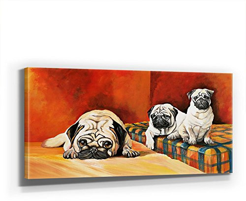MOPS Familie - Kunst - XXL 110x50cm, Leinwand auf Holzrahmen aufgespannt, UV-stabil und wasserfest, Kunstdruck für Büro oder Wohnzimmer, XXL Deko Bild abstrakt FineArtPrint Wandbild