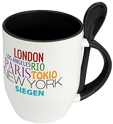 Städtetasse Siegen - Löffel-Tasse mit Motiv Famous Cities in the World - Becher, Kaffeetasse, Kaffeebecher, Mug - Schwarz