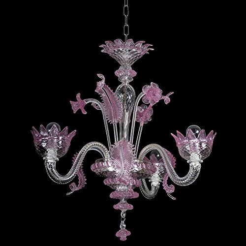 Lámpara de araña de cristal de Murano, 3 luces, cristal, color rosa