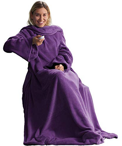 CelinaTex TV-Decke mit Ärmeln und Fußtasche Flauschige Kuscheldecke XL 170 x 200 cm lila Mikrofaser Fleece Soft Oeko-TEX