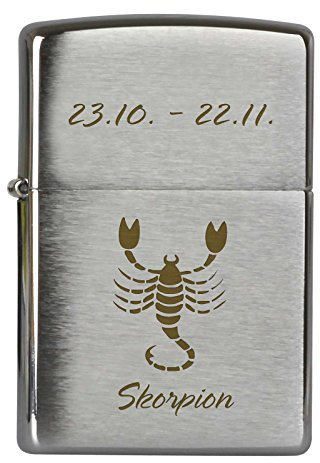 Sternzeichen Skorpion auf Original Zippo graviert Lasergravur Chrome Brushed Benzinfeuerzeug Tierkreiszeichen