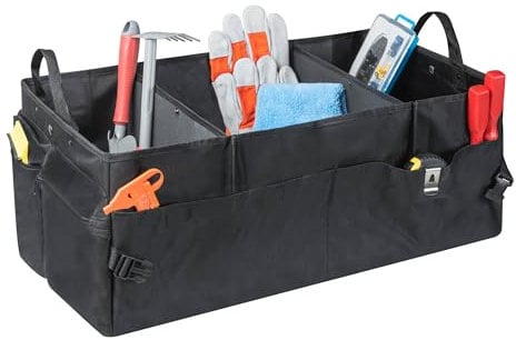 Walser Faltbare Kofferraumtasche, Kofferraum Organizer Polyester, Autotasche mit Klettband, Kofferraumbox schwarz Größe 70x37cm 30156