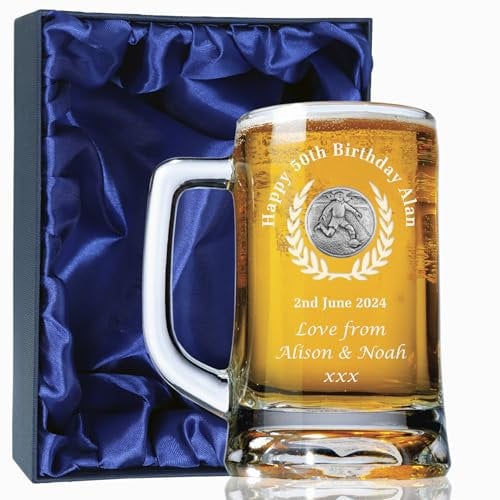 De Walden Mens 50th Birthday Engraved Pint Glass Tankard with Solid Pewter Football Player Feature, in a Satin Lined Presentation Box, Men's Birthday Gifts
