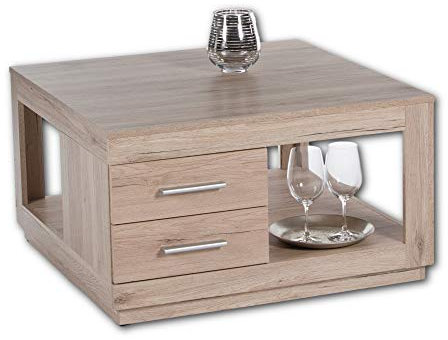 Stella Trading FESTIVAL Couchtisch mit zwei Schubladen in San Remo Eiche Optik - geräumiger Sofatisch mit Ablage für Ihren Wohnbereich - 80 x 46 x 80 cm (B/H/T)