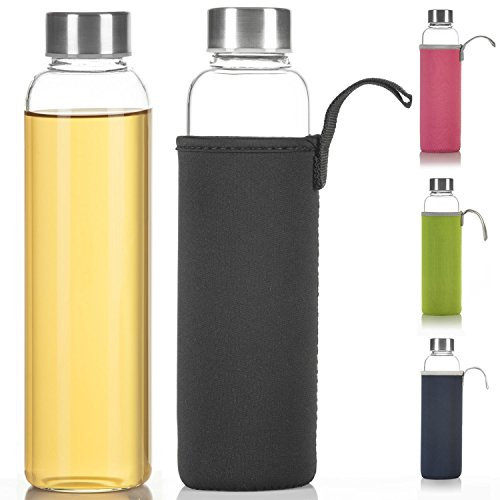 Dimono Classic Trinkflasche aus Glas 600ml - Sport Glasflasche Wasser-Flasche; bruchsicher mit isolierender Nylon Thermo-Hülle - Schwarz