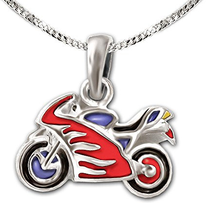 Clever Schmuck Parure de bijoux avec petit pendentif moto 12 x 7 mm vernis multicolore laqué et chaîne gourmette 38 cm en argent 925 pour enfant
