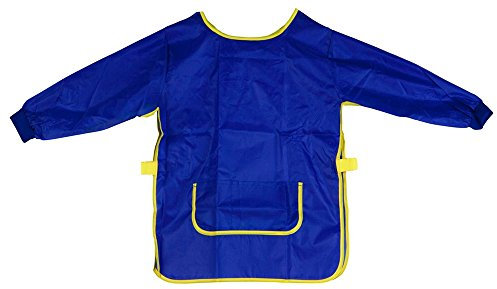 Idena 611183 Bastelschürze für Kinder, Größe S von 5-6 Jahren, Malkittel in Blau mit langen Ärmeln, wasserabweisend, Kinderschürze mit Gummibund und Klettverschluss