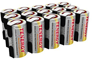 Tenergy Lot de 15 Batteries Rechargeables Sub C NiCd 2200 mAh pour Outils électriques, 1,2 V à Dessus Plat, Piles Sub-C Rechargeables avec languettes