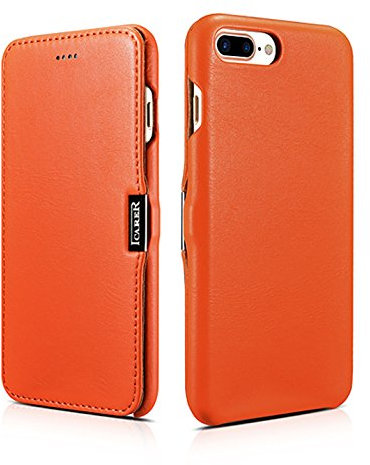 ICARER Hülle passend für Apple iPhone 8 Plus und iPhone 7 Plus (5.5 Zoll), Handyhülle mit echtem Leder, Case, Schutz-Hülle klappbar, dünne Handytasche, Slim Cover, Orange
