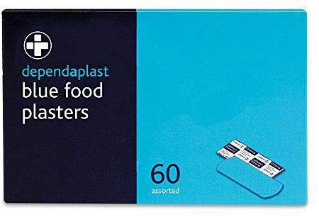 Dependaplast Wash Proof Blue Plasters. First Aid Kits Refill, Sterile, Low-Allergy Adhesive, - Storage Dispenser Box of 60 Plasters