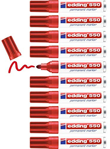 edding 550 Permanentmarker - rot - 10 Stifte - Rundspitze 3-4 mm - wasserfest, schnell-trocknend - wischfest - für Karton, Kunststoff, Holz, Metall, Glas