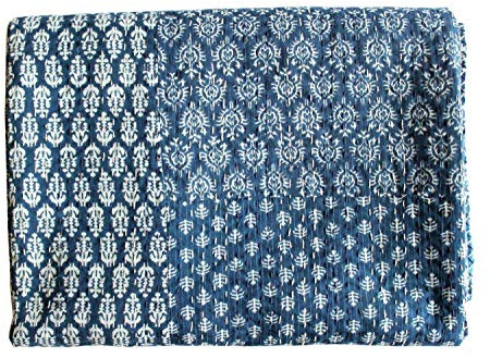 Mango Gifts Indigo Color Hand Block Printed Kantha Quilt, Twin Size Patchwork Cotton Bedspread, Made By Artisans of India 60 X 90 Approx Inches by Mango Gifts