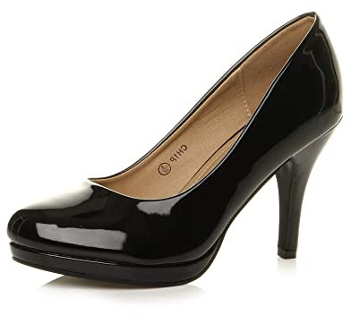 Ajvani Womens Ladies mid high Heel Mary Jane Strap Evening Court Shoes Pumps, 3 UK, Black Patent