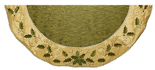 Kurt Adler Green and Gold Holly Leaves Embroidered Tree Skirt, 54