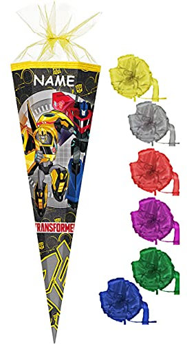 alles-meine.de GmbH Schultüte - Transformers - Robots - 22 cm - rund - incl. Namen und Schleife - mit Tüllabschluß - Zuckertüte - mit/ohne Kunststoff Spitze - für Jungen - ..