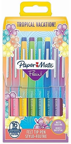 Paper Mate Flair Filzstifte | mittlere Spitze (0,7mm) | Tropical Farben | Stifte Tasche mit 16 Stiften