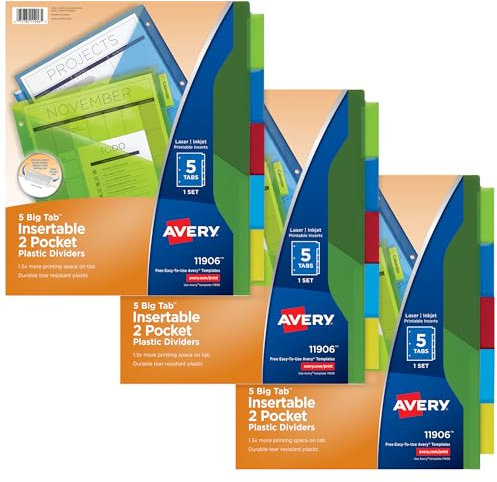Avery Big Tab two-pocket einführb Kunststoff Trennwände 3 Sets mit 5 Fächern 3 Sets of 5 Tabs merhfarbig