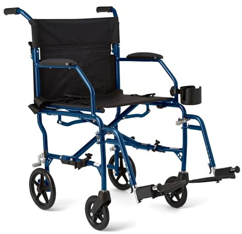 Medline Ultra Lightweight Transport Wheelchair for Adults, Foldable, 19-Inch Seat Width, Blue Frame, Black Upholstery