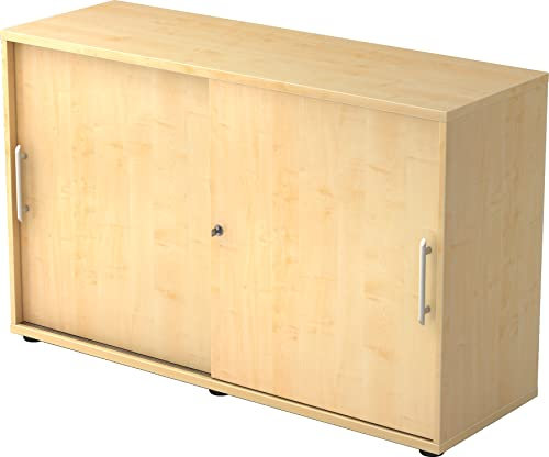 bümö Schiebetürenschrank 2OH - Aktenschrank abschließbar, Sideboard Schrank mit Schiebetüren in Ahorn - Büroschrank aus Holz mit Schiebetür, Büro Kommode für Ordner & Co.