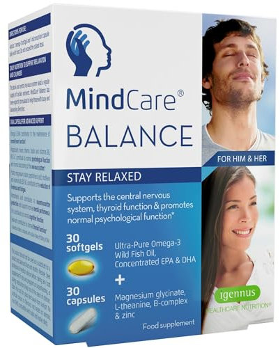 MindCare Balance with Magnesium Glycinate, L-Theanine, Omega-3 EPA DHA & B-Vitamins, Calming Supplement, 60 Capsules, by Igennus