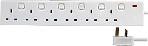 PRO ELEC - Individually Switched Extension Lead, 6 Socket, 10 Metres, Neon On Light (White)