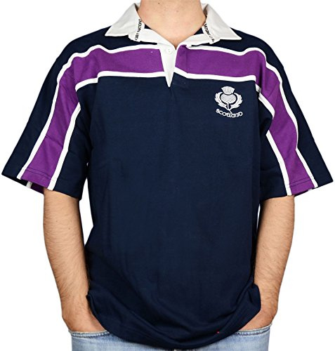 I LUV LTD Scottish Mens Rugby Shirt Purple Stripe Thistle Logo Short Sleeve Navy Size