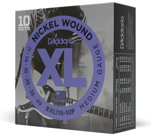 D'Addario Corde Chitarra Elettrica | EXL115-10P | Set Corde per Chitarra Elettrica per Ferita Nichel | 6 Corde | Medio Blues Jazz Rock, 11-49 | 10-Paccetto