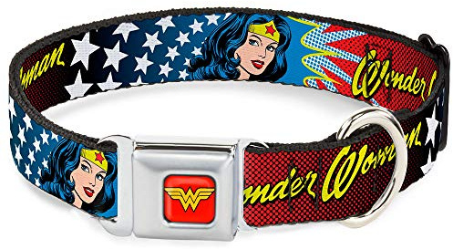 Dog Collar Seatbelt Buckle Wonder Woman Face Stars 11 to 17 Inches 1.0 Inch Wide