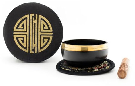 Kleine schwarze Klangschalen in schwarzer, runder Box mit Longevity-Aufdruck: Angenehm hell klingende Klangschale in origineller Geschenkverpackung