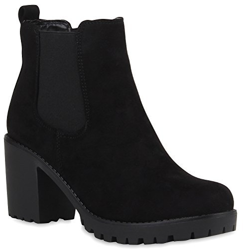 Stylische Damen Boots Stiefeletten Chelsea Boots Knöchelhohe Stiefel Zipper Leder-Optik Booties Schuhe 106118 Schwarz Schwarz 40 Flandell