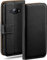 moex Étui à rabat compatible avec Samsung Galaxy J1 (2015), étui pour téléphone portable avec fente pour carte, étui à rabat à 360 degrés, étui pour téléphone portable en cuir végétalien, Noir profond