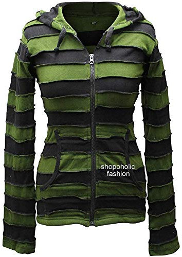 SHOPOHOLIC FASHION Women Outstitched Stripy Rib Pixie Hoodie Jacket, (Green Black/XL)