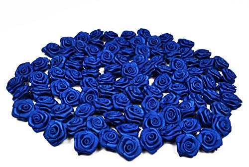 Rosen 15 mm x 100 Stück Satinrosen Aufnäher Deko Blumen Röschen zum Basteln Haarschmuck kleine Rosenköpfe Farbe: blau/königsblau 352