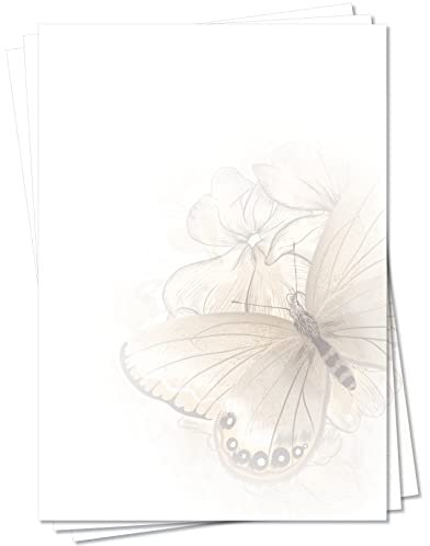 LYSCO Motiv Briefpapier (Schmetterling-5102, DIN A4, 25 Blatt) Zeichnung mit schönem Schmetterling und Blüten Blumen