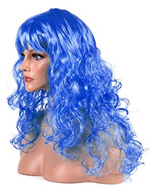 Langhaar Fasching Perücke mit Locken und Pony, wählen:lang gelockt blau