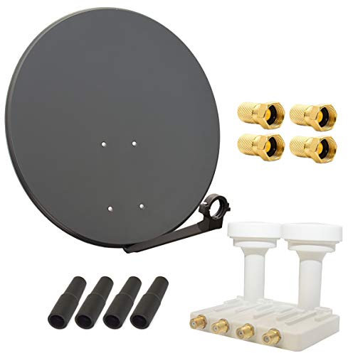 Premium X Satelliten-Komplettanlage 80cm Satellitenschüssel Anthrazit Quad Monoblock LNB Astra Hotbird, 2 SAT für 4 Teilnehmer