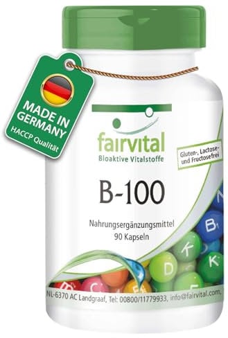Fairvital | B-100 - Complexe de Vitamine B Fort - toutes les vitamines B (B1, B2, B3, B5, B6, B7, B9, B12) & 400ug d'acide folique - Particulièrement HAUTEMENT DOSÉ - 90 gélules