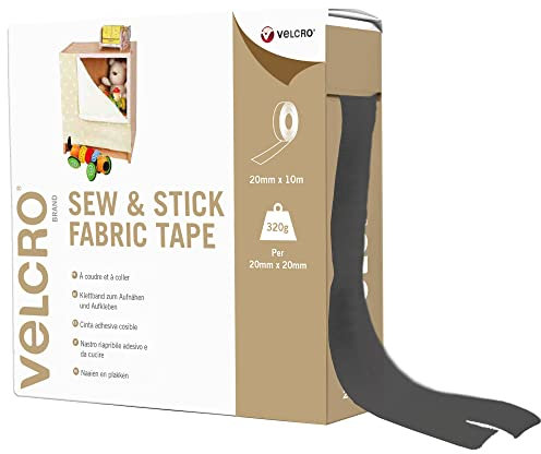 VELCRO Brand VEL-EC60262 Black Stick Tape, Multipurpose Sew On Hook and Loop Fabric Adhesive with Sticky Back-Perfect Solution for Clothing Repairs & Hemming, 20mm x 10m