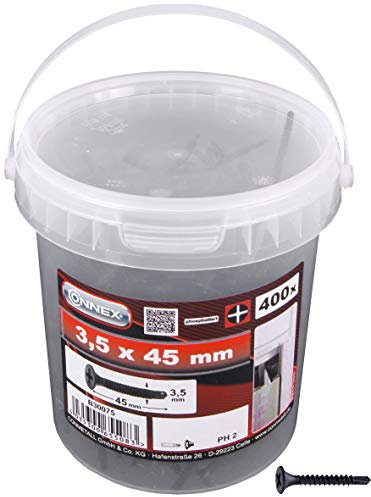 Connex Schnellbauschrauben 3,5 x 45 mm - 400 Stück - Mit Feingewinde & Bohrspitze - Trompetenkopf - PH Phillips-Antrieb - Schwarz phosphatiert / Trockenbauschrauben / Schrauben-Eimer / B30075