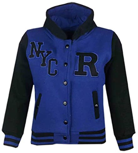 A2Z 4 Kids Baseball R Fashion Hooded Varsity Jacket - B.B Jacket NYC Royal & Black 11-12