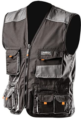 NEO TOOLS Weste Arbeitsweste Größen S-XXL | Grau/Schwarz, Arbeitsbekleidung Berufskleidung, Weste aus starkem Oxford-Stoff, Reflexionsweste (XXL)