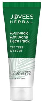 Jovees Herbal Tea Tree & Clove Anti Acne Pack | Size: 120gm x Pack of 1 For Oily, Sensitive skin | Ayurvedic Anti-Septic & Anti-Acne | Control Pores | Deep Cleanses Skin | Exfoliate Dead Skin
