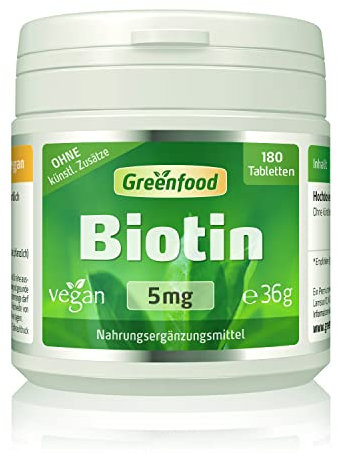 Biotin, hochdosiert, 5mg - 180 Tabletten, vegan. Vitamin B7 (Biotin) - das Beauty-Vitamin für gesunde Haut & Haare. OHNE künstliche Zusätze - laborgeprüft. Von Greenfood.