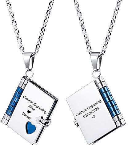 MeMeDIY Personalisierte Buch Anhänger Halskette Angepasst Gravur Name Datum für Damen Männer Mädchen Junge Bester Freund Edelstahl Kette Liebhaber Jubiläum Brautjungfer Geschenk(Blaue Farbe)