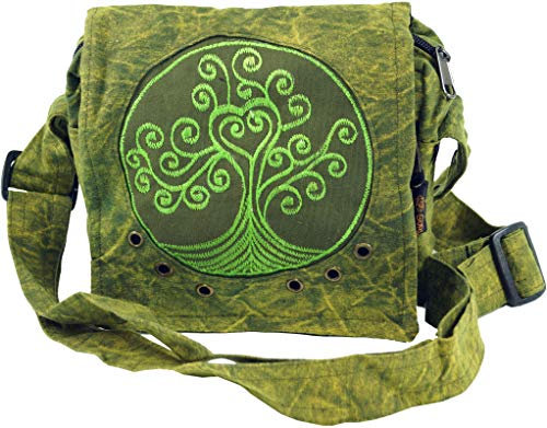 GURU SHOP Ethno Schultertasche, Nepaltasche Stonewash `Tree of Life` - Grün, Unisex - Erwachsene, Baumwolle, 18x20x10 cm