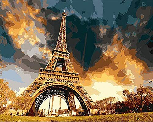 YEESAM ART Neuheiten Malen nach Zahlen Erwachsene Kinder, Frankreich Paris Eiffelturm, Quadrat Sonnenuntergang Aussicht 40x50 cm Leinen Segeltuch, DIY ölgemälde Weihnachten Geschenke