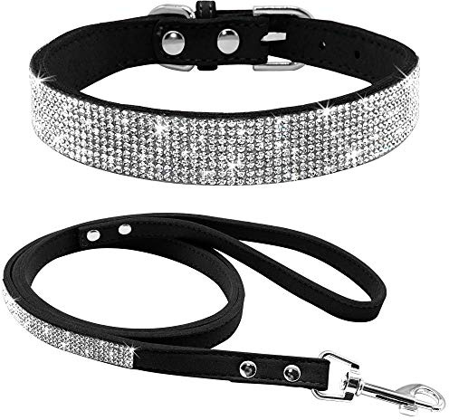 haoyueer Cute Dazzling Sparkling Elegant Fancy Soft Suede Leather Bling Rhinestone Crystal Jeweled Pet Cat Dog Puppy Collar Dog Leash Combo Set (S, Black)