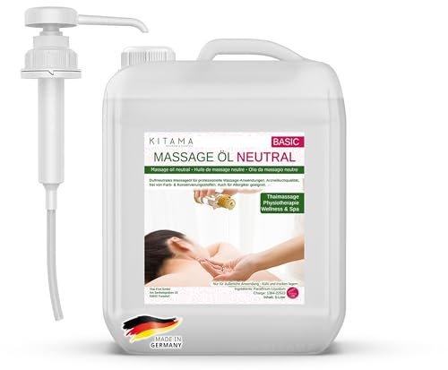 Kitama Huile de massage neutre 5 litres (5000ml) + Pompe à canister - Huile de massage professionnelle pour la physiothérapie massage - Sans colorants et conservateurs de qualité pharmaceutique
