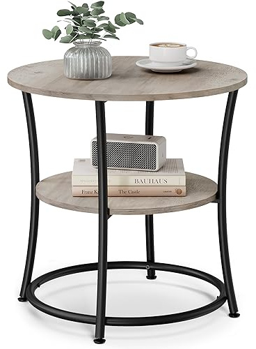 VASAGLE 21.7-Inch Round Side Table, 2-Tier End Table, Nightstand with Steel Frame, Spacious Top, for Small Spaces, Living Room, Bedroom, Heather Greige and Ink Black ULET56BG